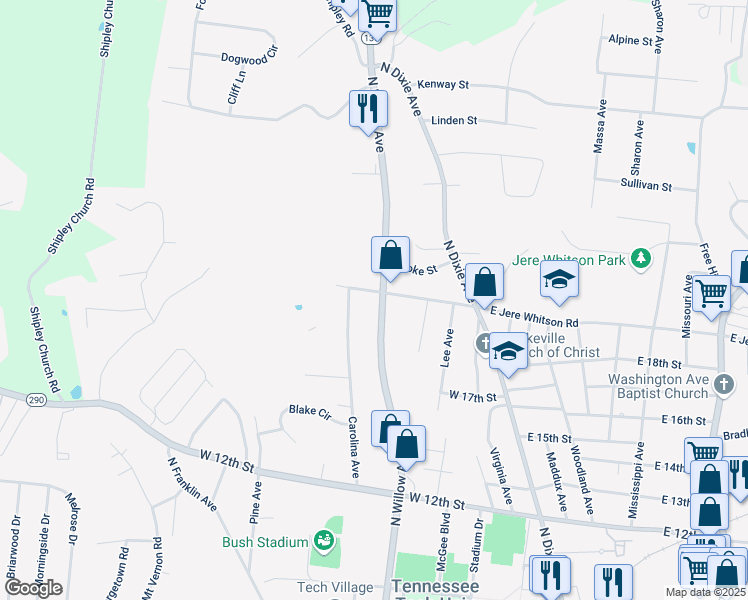 map of restaurants, bars, coffee shops, grocery stores, and more near 1880 North Willow Avenue in Cookeville
