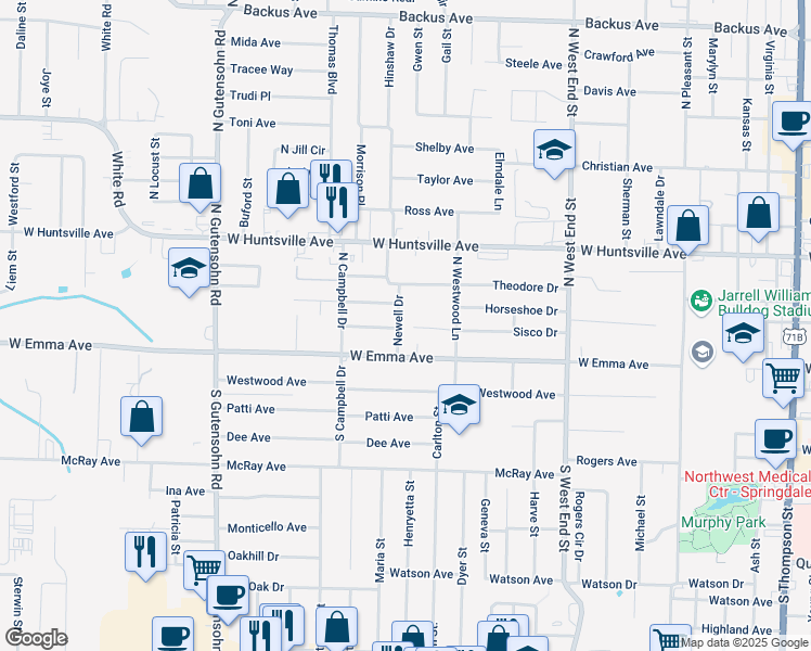 map of restaurants, bars, coffee shops, grocery stores, and more near 1800 West Emma Avenue in Springdale