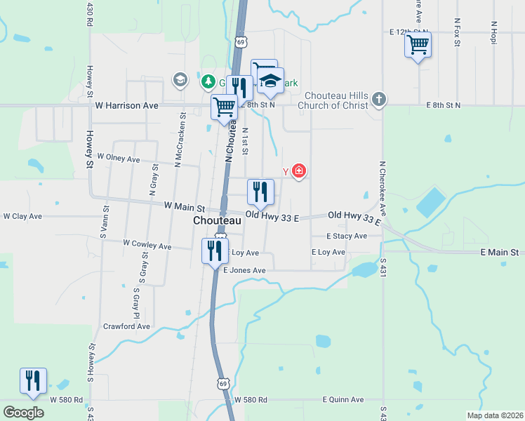 map of restaurants, bars, coffee shops, grocery stores, and more near 115 East Main Street in Chouteau