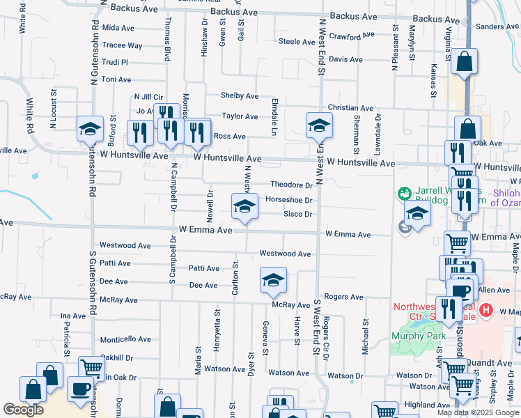 map of restaurants, bars, coffee shops, grocery stores, and more near 1705 Sisco Drive in Springdale