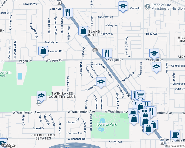 map of restaurants, bars, coffee shops, grocery stores, and more near 1312 Scenic Way in Las Vegas