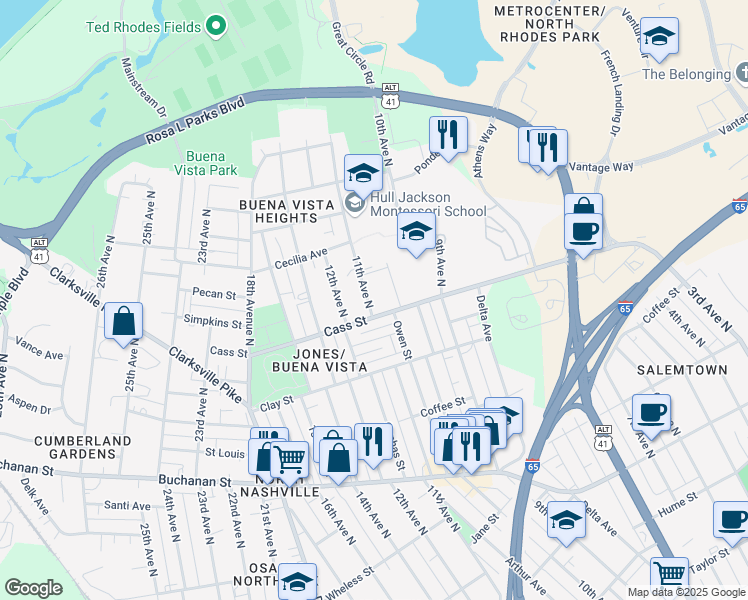 map of restaurants, bars, coffee shops, grocery stores, and more near 2108 11th Avenue North in Nashville