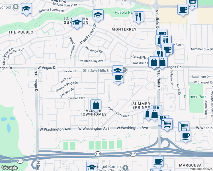 map of restaurants, bars, coffee shops, grocery stores, and more near 1320 Pinto Rock Lane in Las Vegas