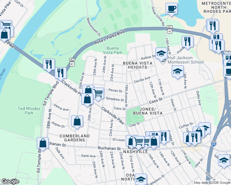 map of restaurants, bars, coffee shops, grocery stores, and more near 1718 Simpkins Street in Nashville