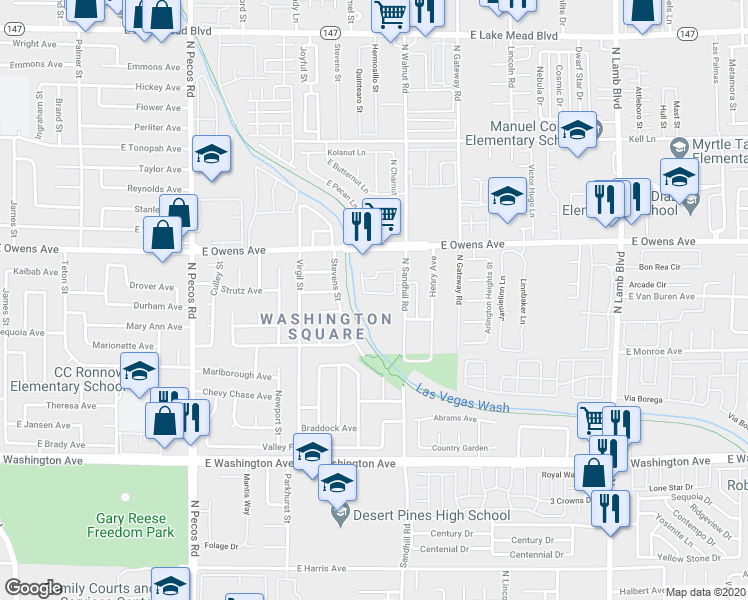 map of restaurants, bars, coffee shops, grocery stores, and more near 1428 North Sandhill Road in Las Vegas