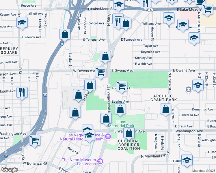 map of restaurants, bars, coffee shops, grocery stores, and more near 1438 Las Vegas Boulevard North in Las Vegas