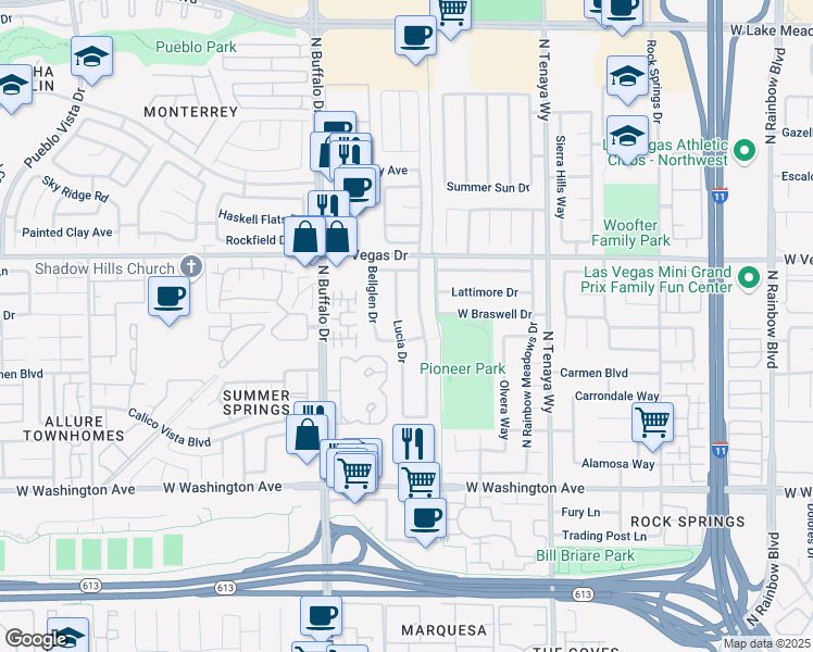 map of restaurants, bars, coffee shops, grocery stores, and more near 1333 Lucia Drive in Las Vegas