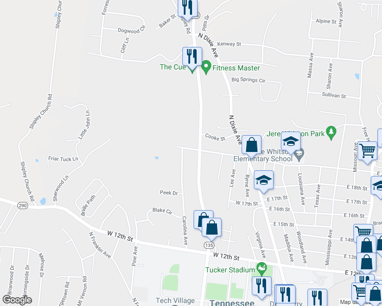 map of restaurants, bars, coffee shops, grocery stores, and more near 1880 North Willow Avenue in Cookeville