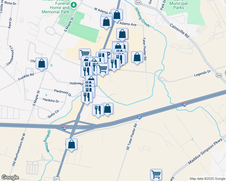 map of restaurants, bars, coffee shops, grocery stores, and more near 117 Cedarwood Drive in Lebanon