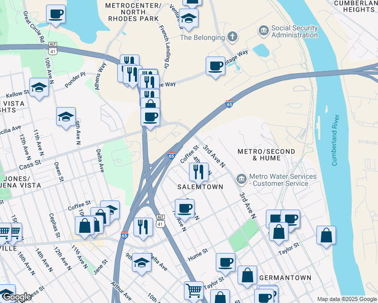map of restaurants, bars, coffee shops, grocery stores, and more near 1831 4th Avenue North in Nashville