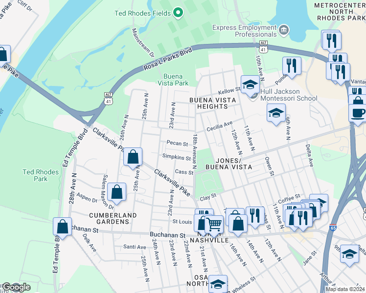 map of restaurants, bars, coffee shops, grocery stores, and more near 1718 Simpkins Street in Nashville