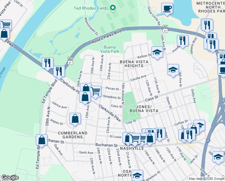 map of restaurants, bars, coffee shops, grocery stores, and more near 1718 Simpkins Street in Nashville