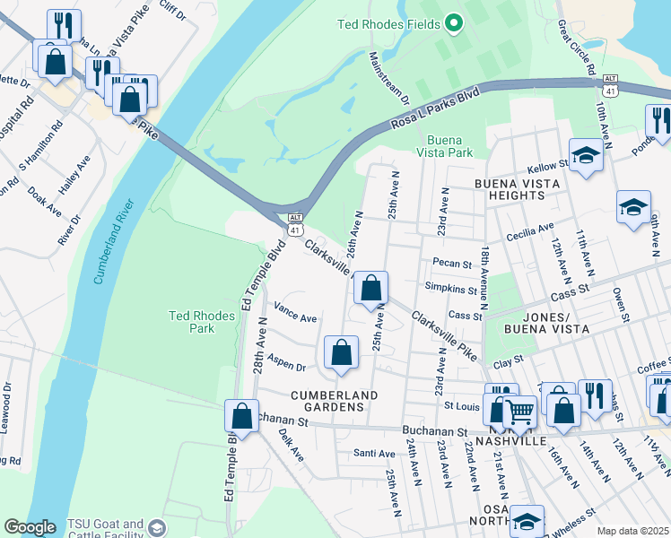 map of restaurants, bars, coffee shops, grocery stores, and more near 2121 26th Avenue North in Nashville