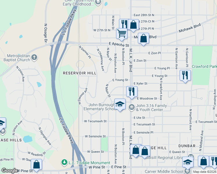 map of restaurants, bars, coffee shops, grocery stores, and more near 2215 North Main Street in Tulsa