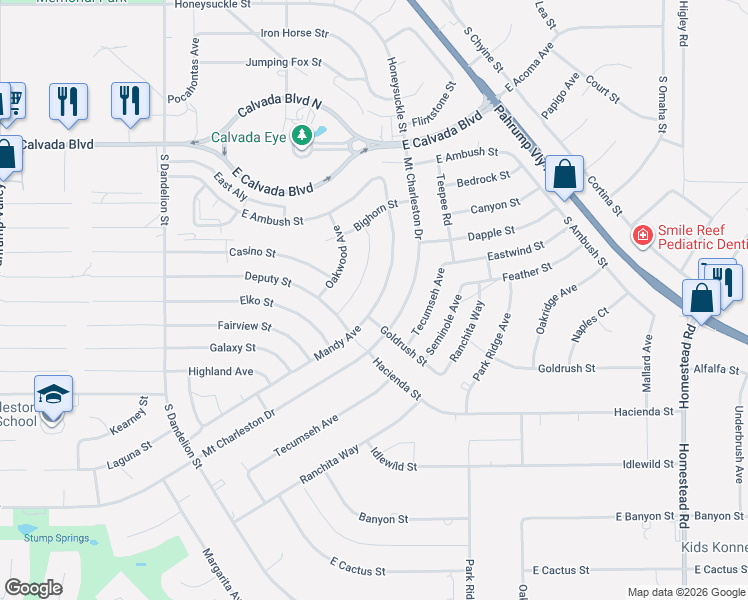 map of restaurants, bars, coffee shops, grocery stores, and more near 2351 Mandy Avenue in Pahrump