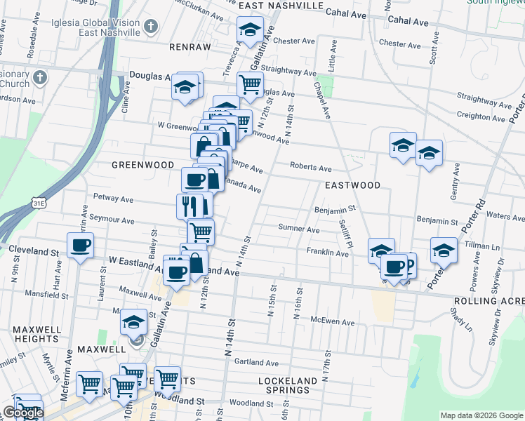 map of restaurants, bars, coffee shops, grocery stores, and more near 1407 Sumner Avenue in Nashville