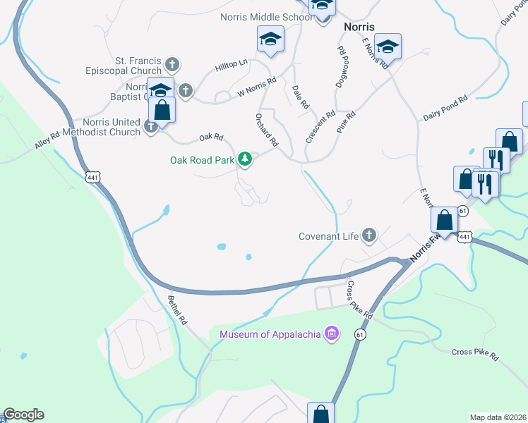 map of restaurants, bars, coffee shops, grocery stores, and more near 200 Oak Road in Powell
