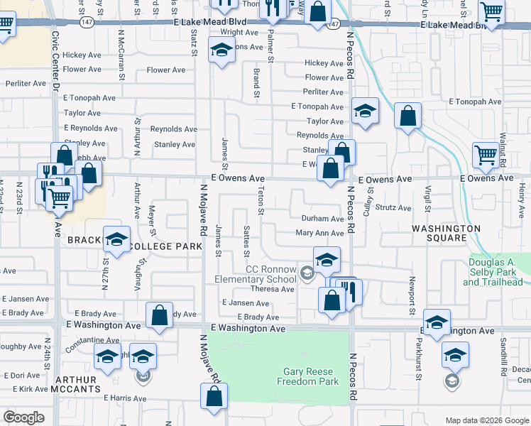 map of restaurants, bars, coffee shops, grocery stores, and more near 1424 Teton Street in Las Vegas