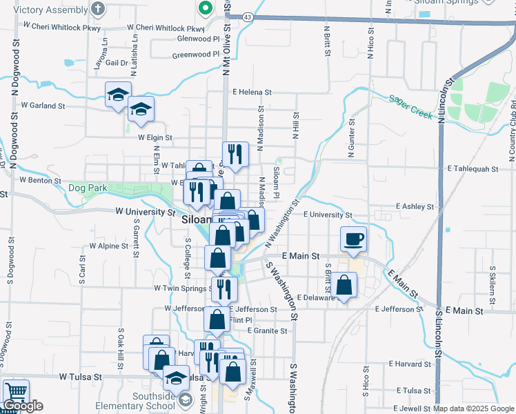 map of restaurants, bars, coffee shops, grocery stores, and more near 311 East University Street in Siloam Springs