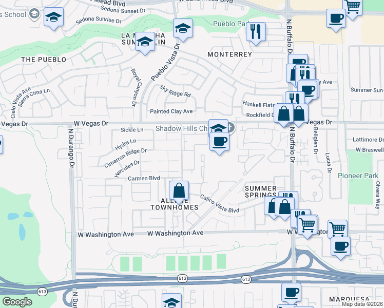map of restaurants, bars, coffee shops, grocery stores, and more near 1345 Cinder Rock Drive in Las Vegas