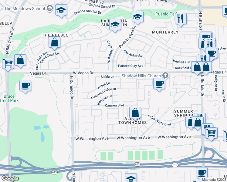 map of restaurants, bars, coffee shops, grocery stores, and more near 8125 Cimarron Ridge Drive in Las Vegas