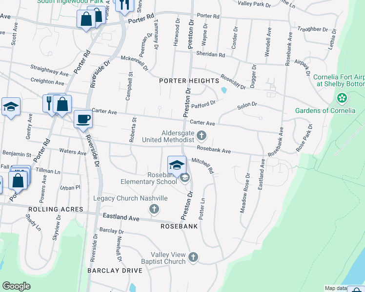 map of restaurants, bars, coffee shops, grocery stores, and more near Rosebank Ave & Preston Dr in Nashville