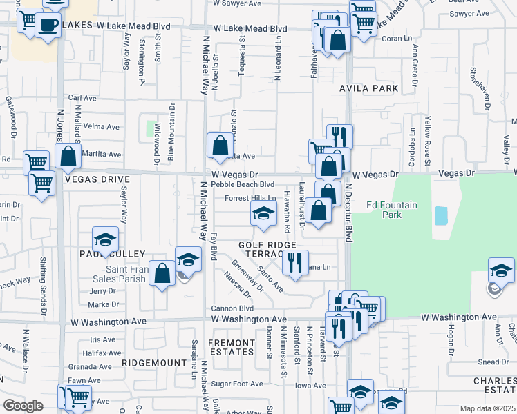 map of restaurants, bars, coffee shops, grocery stores, and more near 5201 Glen Eagles Lane in Las Vegas