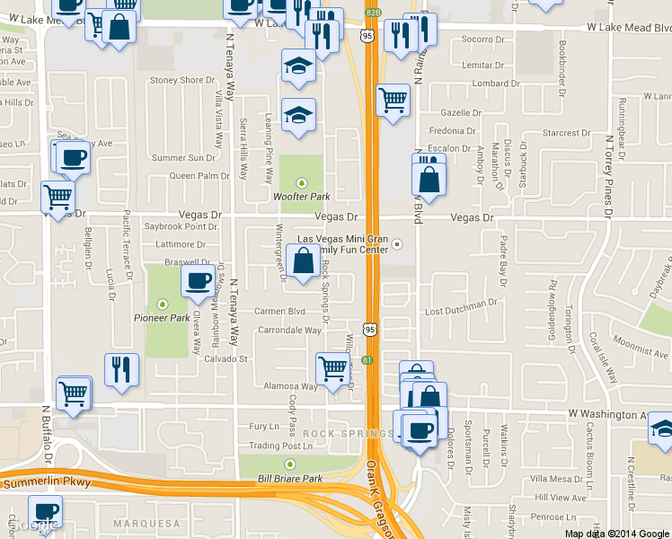 map of restaurants, bars, coffee shops, grocery stores, and more near 1312 Sunblossom Street in Las Vegas