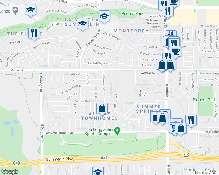 map of restaurants, bars, coffee shops, grocery stores, and more near 132 North Cimarron Road in Las Vegas
