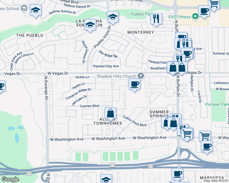 map of restaurants, bars, coffee shops, grocery stores, and more near 132 North Cimarron Road in Las Vegas