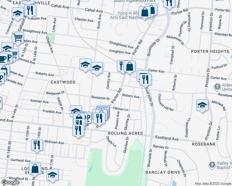 map of restaurants, bars, coffee shops, grocery stores, and more near 815 Powers Avenue in Nashville