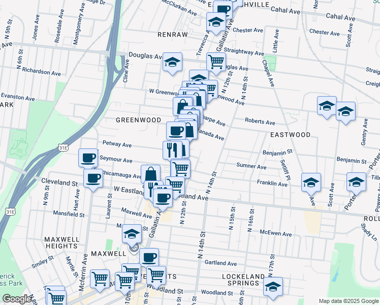 map of restaurants, bars, coffee shops, grocery stores, and more near 1102 Petway Avenue in Nashville