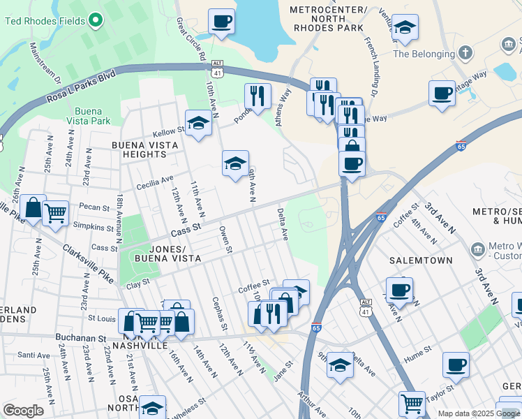 map of restaurants, bars, coffee shops, grocery stores, and more near 2016 9th Avenue North in Nashville