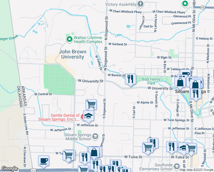 map of restaurants, bars, coffee shops, grocery stores, and more near 153 North Dogwood Street in Siloam Springs