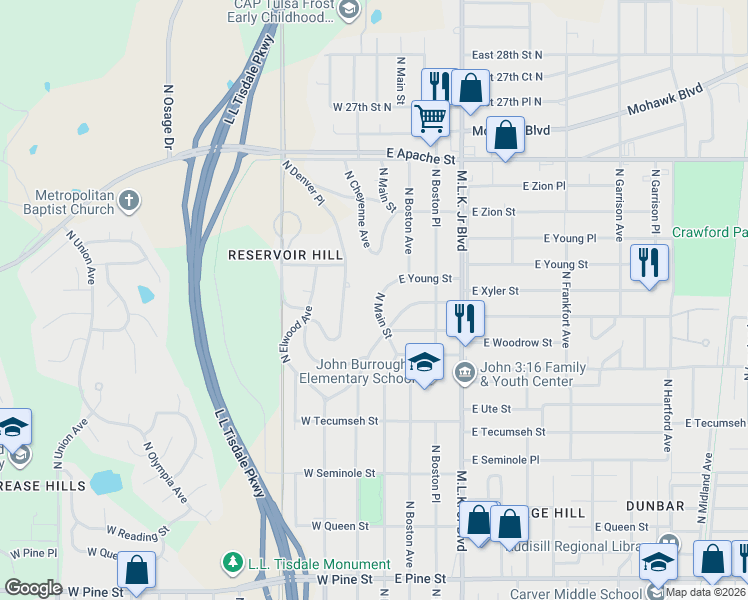 map of restaurants, bars, coffee shops, grocery stores, and more near 2215 North Main Street in Tulsa