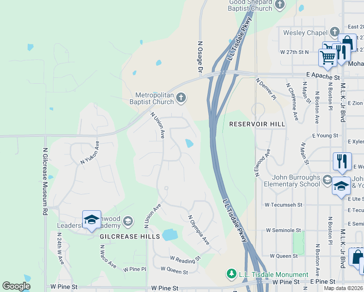 map of restaurants, bars, coffee shops, grocery stores, and more near 1334 West Woodrow Street in Tulsa