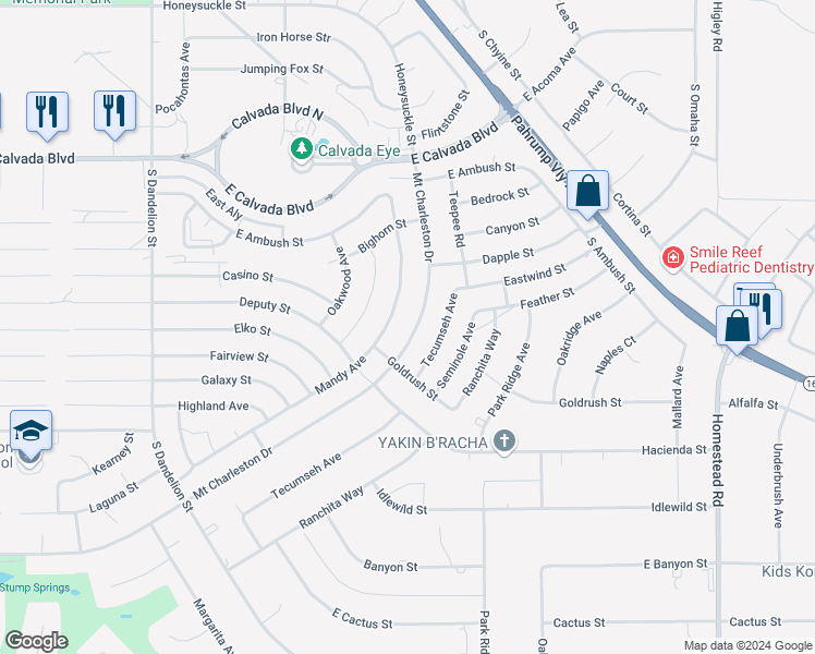 map of restaurants, bars, coffee shops, grocery stores, and more near 384 South Mount Charleston Drive East in Pahrump
