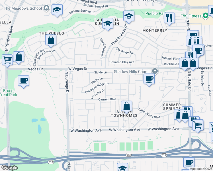 map of restaurants, bars, coffee shops, grocery stores, and more near 8125 Cimarron Ridge Drive in Las Vegas