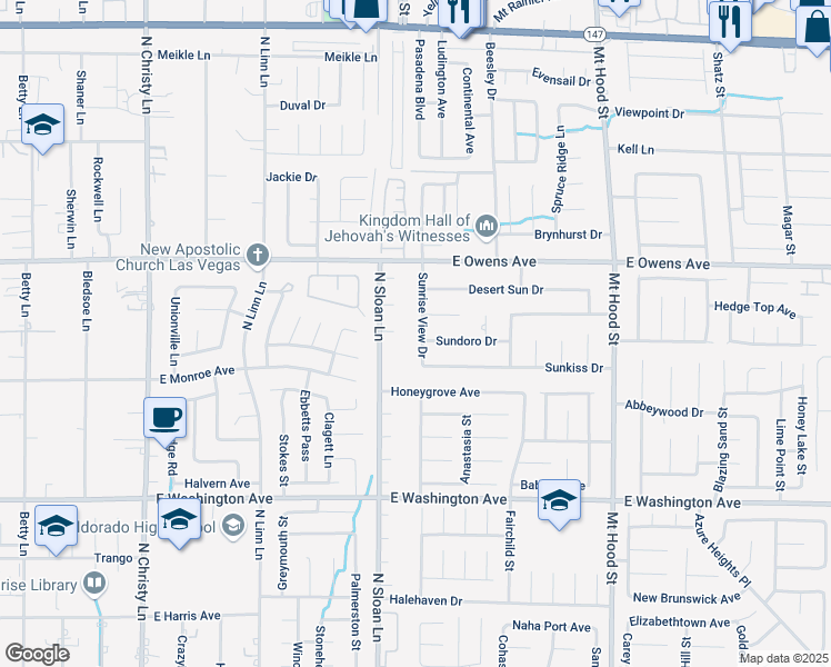 map of restaurants, bars, coffee shops, grocery stores, and more near 1439 Sunrise View Drive in Las Vegas
