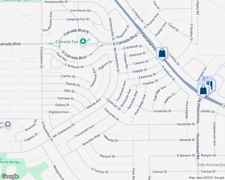 map of restaurants, bars, coffee shops, grocery stores, and more near 384 South Mount Charleston Drive East in Pahrump