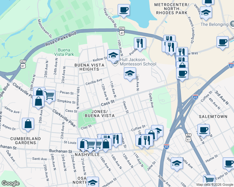 map of restaurants, bars, coffee shops, grocery stores, and more near 1010 Cass Street in Nashville