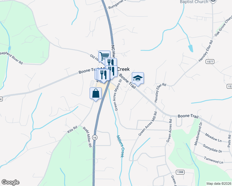 map of restaurants, bars, coffee shops, grocery stores, and more near 277 Green Acres Myers Street in Millers Creek