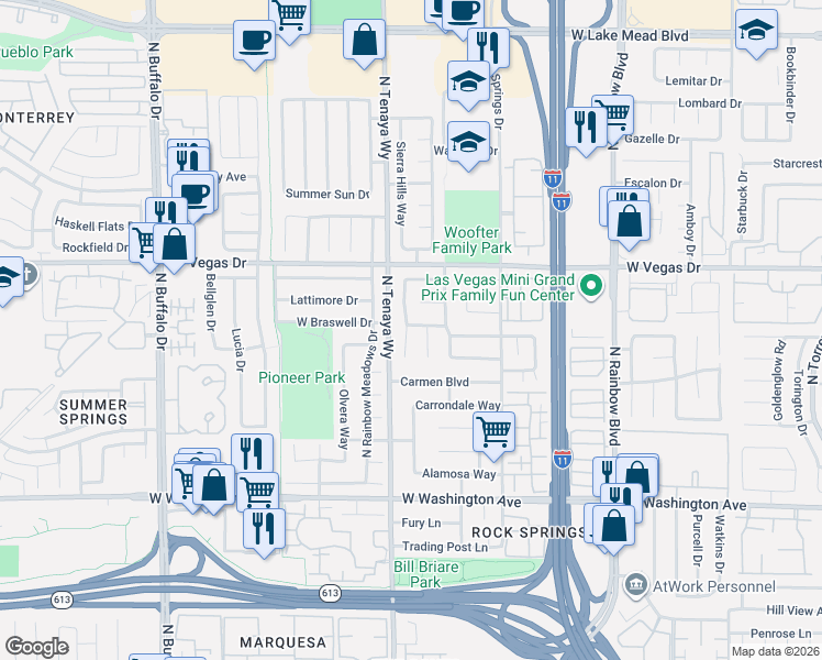 map of restaurants, bars, coffee shops, grocery stores, and more near 1317 Bittersweet Circle in Las Vegas