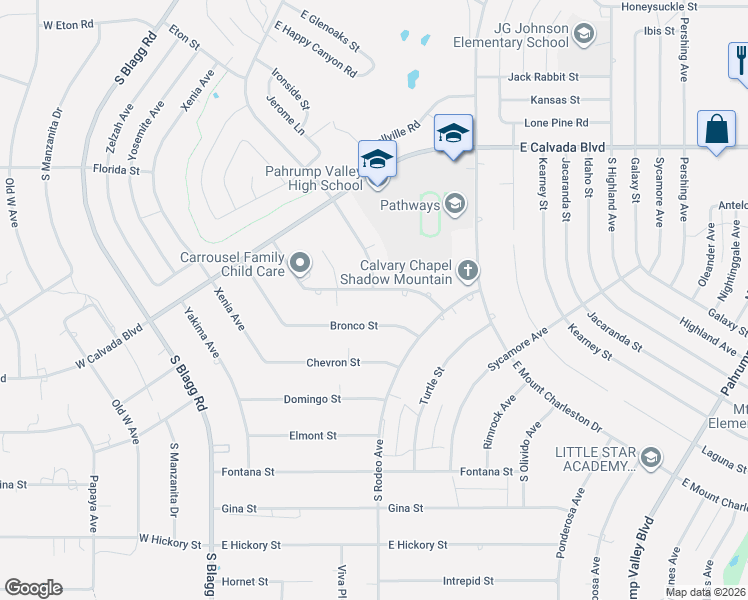 map of restaurants, bars, coffee shops, grocery stores, and more near 380 Bronco Street in Pahrump