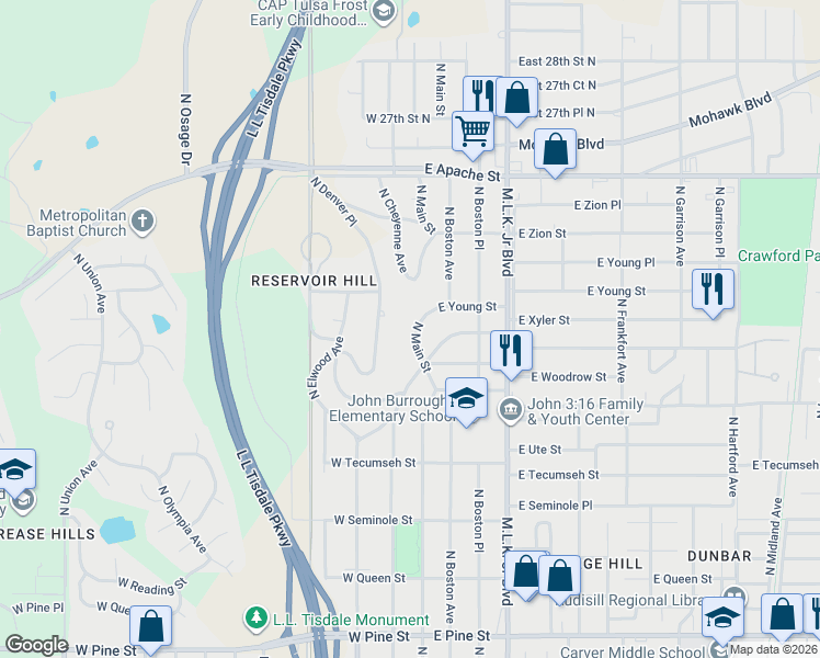 map of restaurants, bars, coffee shops, grocery stores, and more near 2215 North Main Street in Tulsa