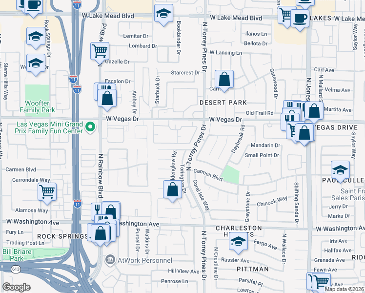 map of restaurants, bars, coffee shops, grocery stores, and more near 1373 Torington Drive in Las Vegas