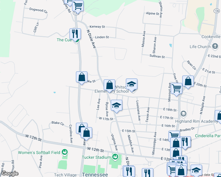map of restaurants, bars, coffee shops, grocery stores, and more near 105 Big Oak Drive in Cookeville
