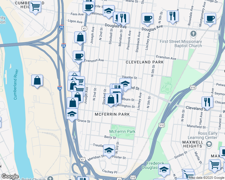 map of restaurants, bars, coffee shops, grocery stores, and more near 840 Meridian Street in Nashville
