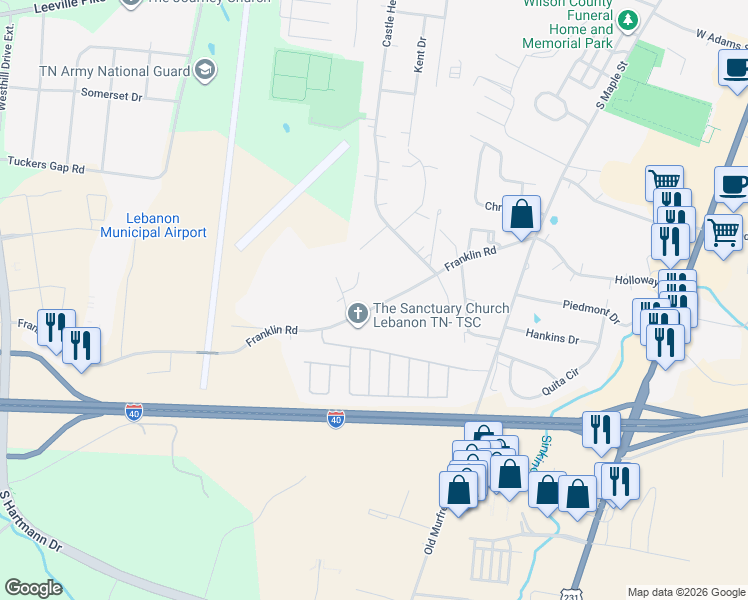 map of restaurants, bars, coffee shops, grocery stores, and more near 415 Franklin Road in Lebanon