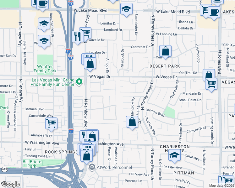 map of restaurants, bars, coffee shops, grocery stores, and more near 1436 Padre Bay Drive in Las Vegas